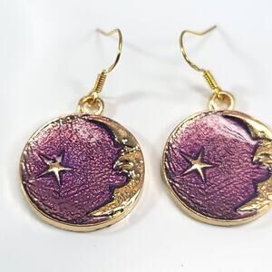 Moon & Star Earrings, Gold & Purple Enamel Dangle, Celestial Jewelry